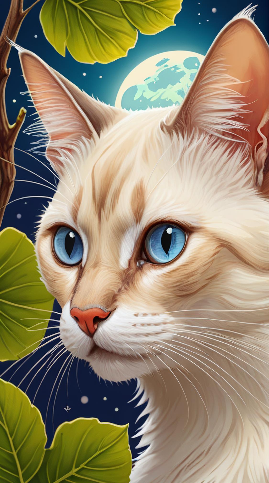 Enticing head of a Balinese Cat , Birch background, desolate flora, Moon in the night
