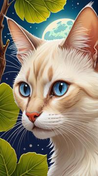 Enticing head of a Balinese Cat , Birch background, desolate flora, Moon in the night