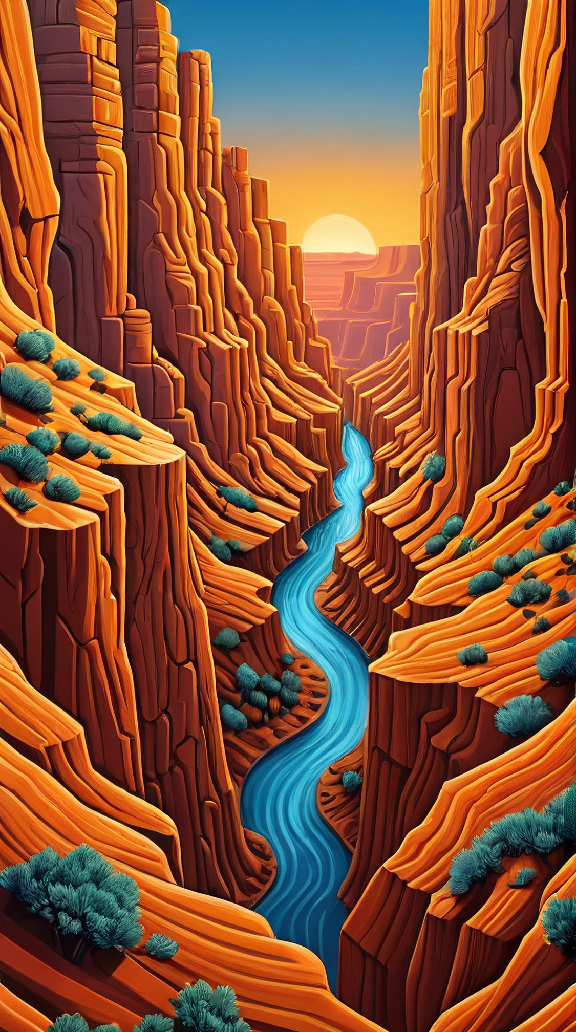 high contrast art stylized by M C Escher and Lowell Herrero , landscape of a Canyon, at Twilight, Flustered