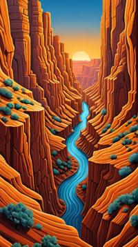 high contrast art stylized by M C Escher and Lowell Herrero , landscape of a Canyon, at Twilight, Flustered
