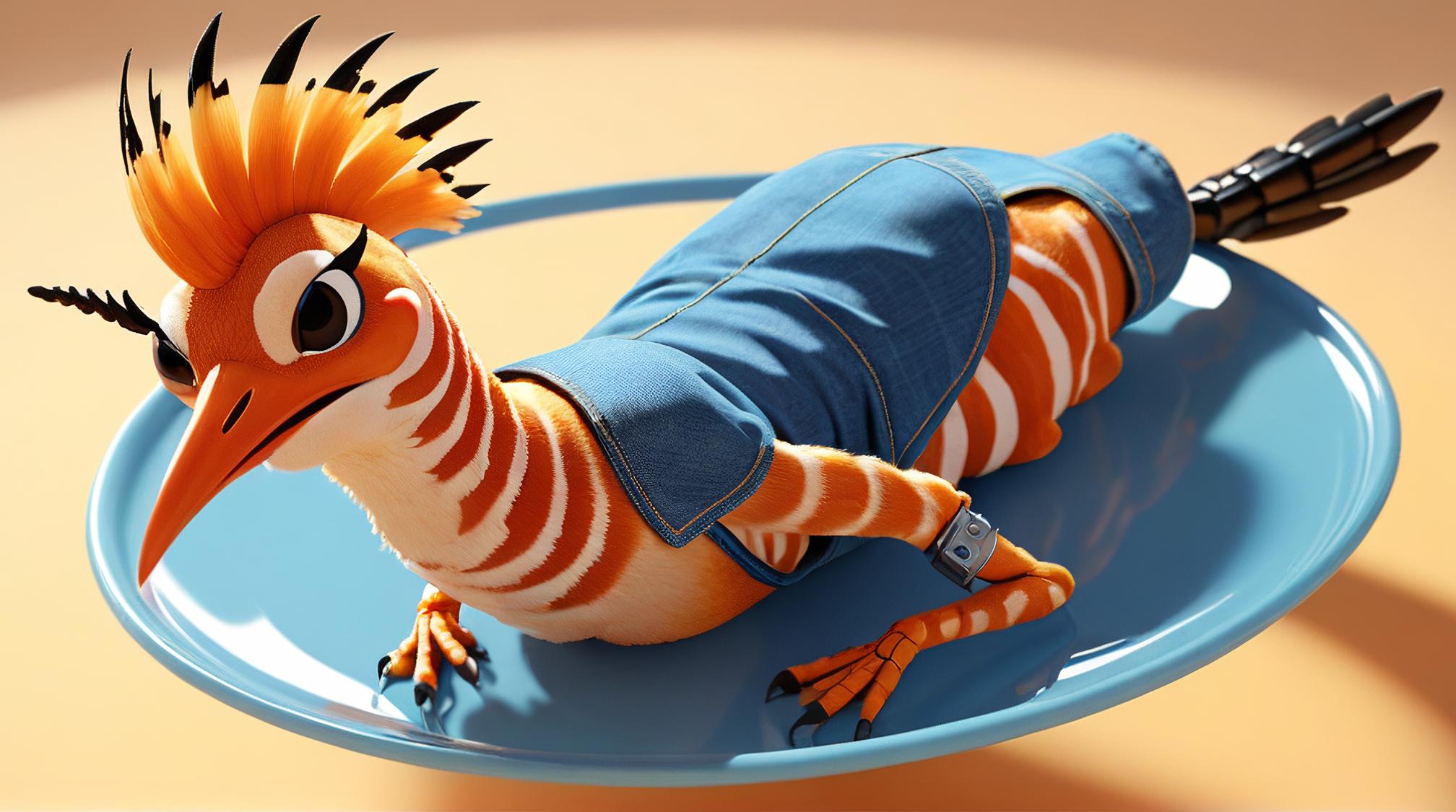 octane render, angle from below of a rotund Eurasian Hoopoe looking like an iced tea, the iced tea is Evil and Smiling, it is dressed in Maxi dress and denim shirt