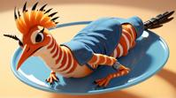 octane render, angle from below of a rotund Eurasian Hoopoe looking like an iced tea, the iced tea is Evil and Smiling, it is dressed in Maxi dress and denim shirt