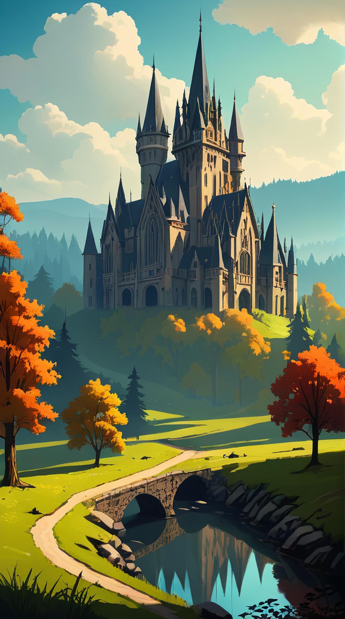 landscape of a Sunfire Sanctuary Whispering Woods Hamlet of the Hidden Voices , it is Tasteful, at Midday, Simple illustration