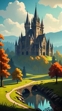 landscape of a Sunfire Sanctuary Whispering Woods Hamlet of the Hidden Voices , it is Tasteful, at Midday, Simple illustration