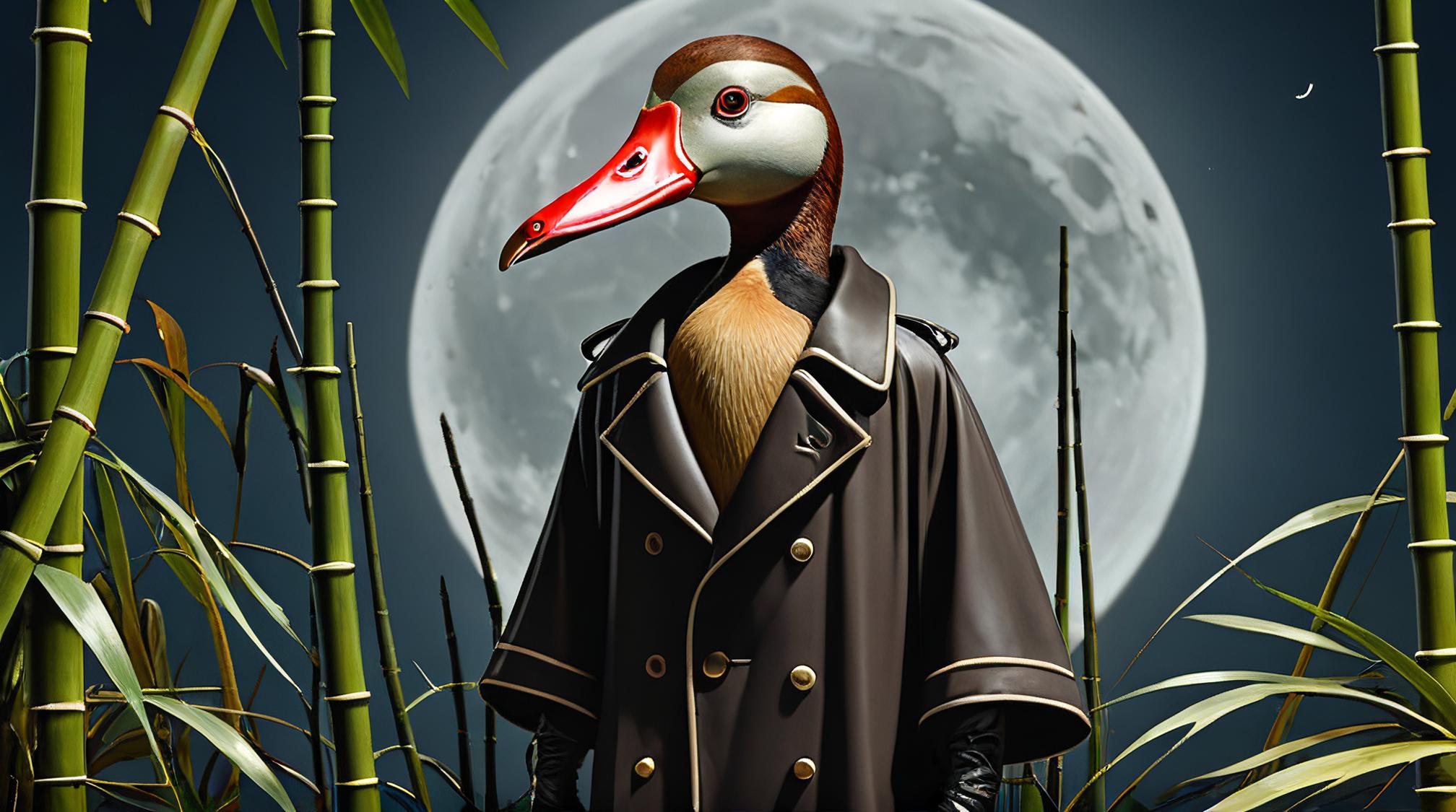 art by Harold Cazneaux, octane render, Evil Sad well endowed Western Black Bellied Whistling Duck , dressed in Trench coat