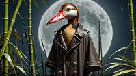 art by Harold Cazneaux, octane render, Evil Sad well endowed Western Black Bellied Whistling Duck , dressed in Trench coat