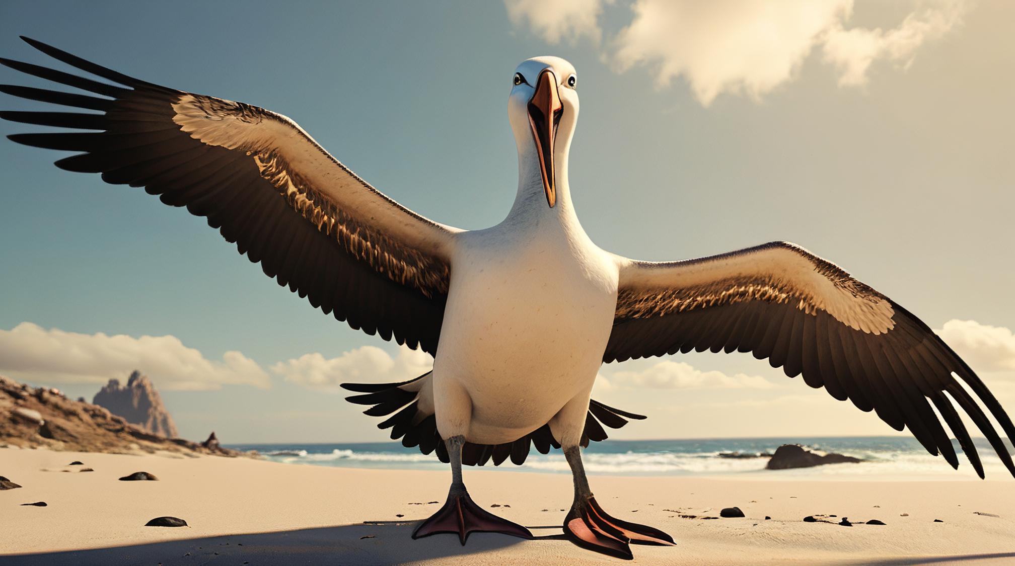 octane render, Exotic Albatross, Wide view, stylized by Ralph Steadman