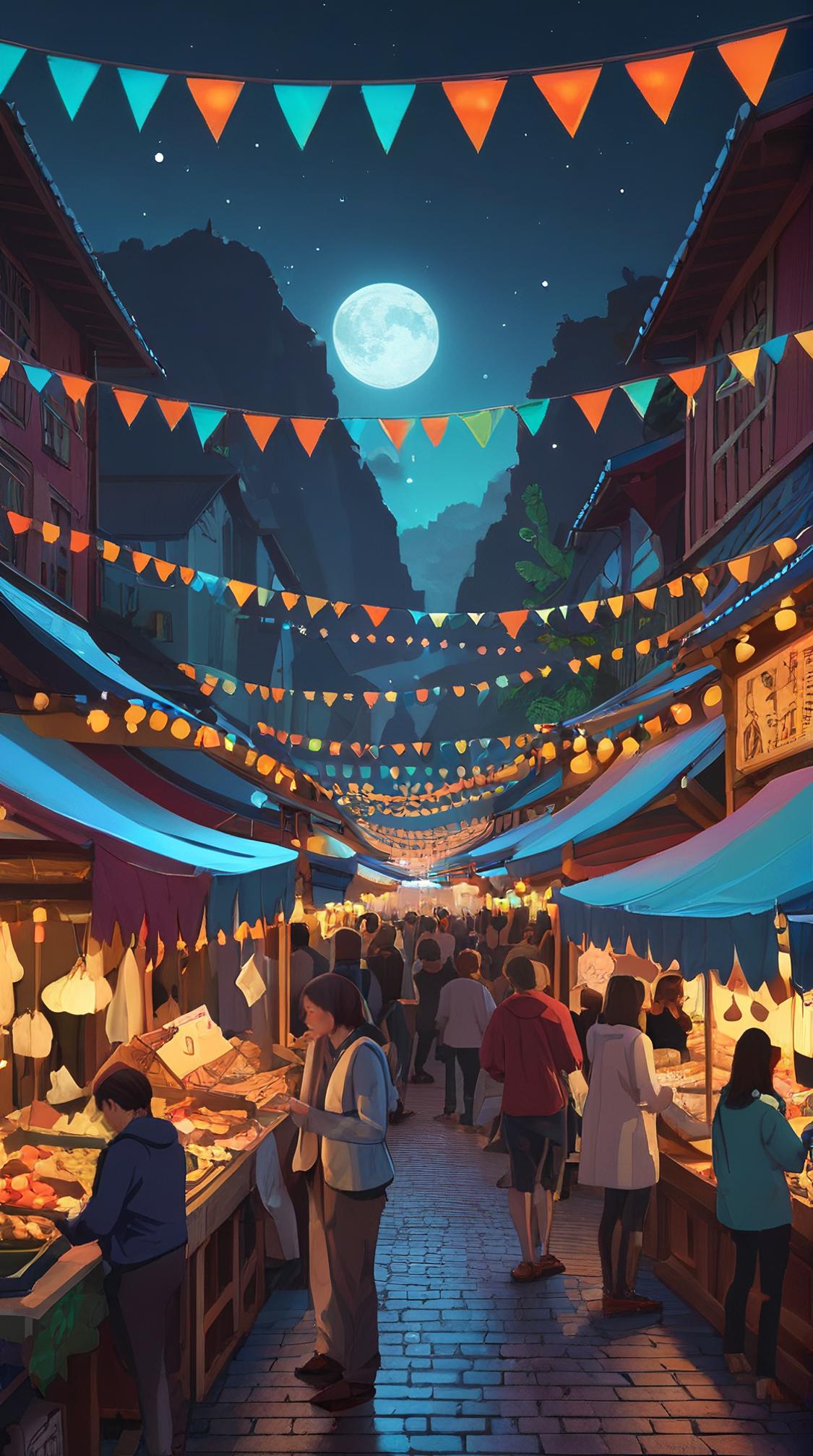 Renderman, landscape of a Mythical Contemporary Networked Night Market and Grimoire, designed by Atey Ghailan, Norwegian landscapes