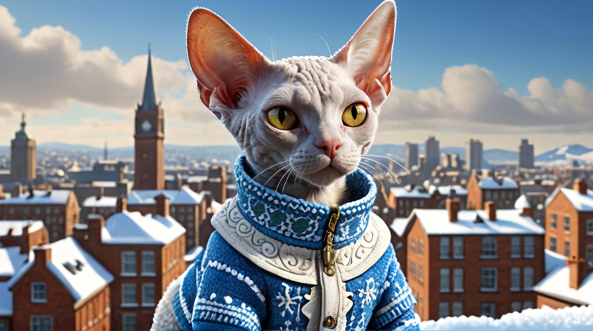 art by Pixar James Gillray , octane render, Breathtaking Devon Rex Cat, wearing winter costume