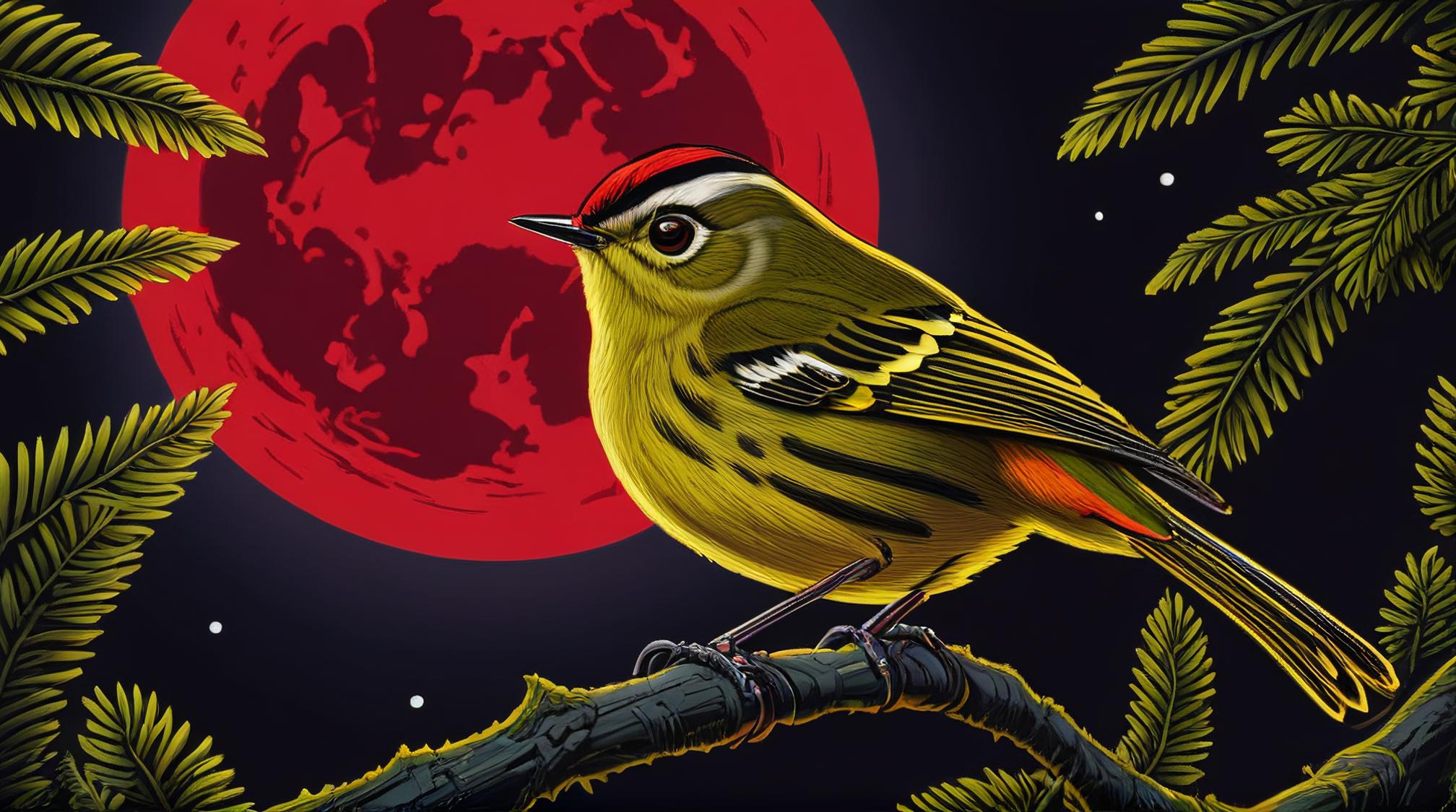 octane render, monster Ruby Crowned Kinglet, Kindhearted and Nasty, Moon in the night