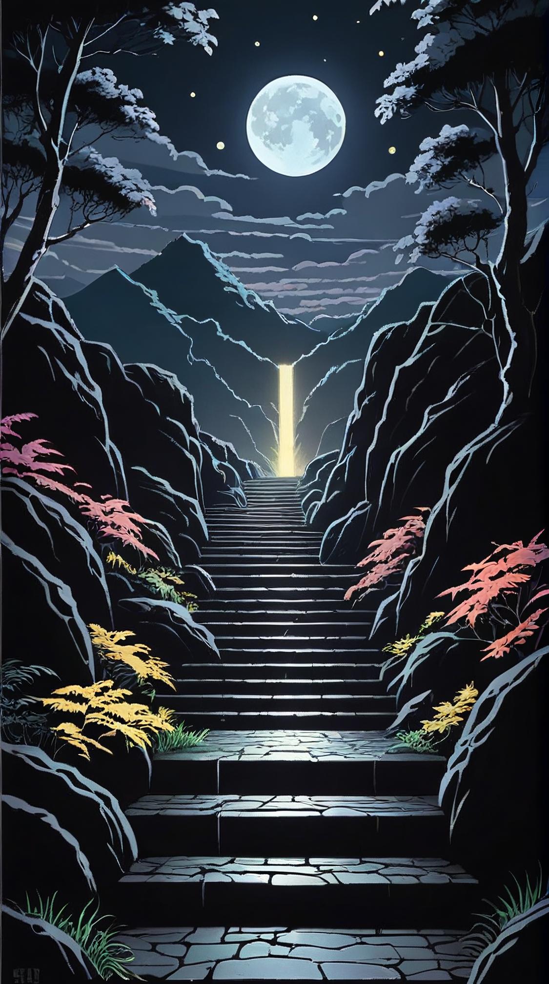 On pale black paper, landscape of The Endless Steps, S and Internally Glowing, Smoky Conditions