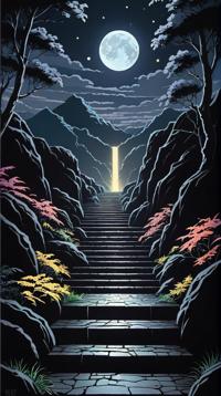On pale black paper, landscape of The Endless Steps, S and Internally Glowing, Smoky Conditions