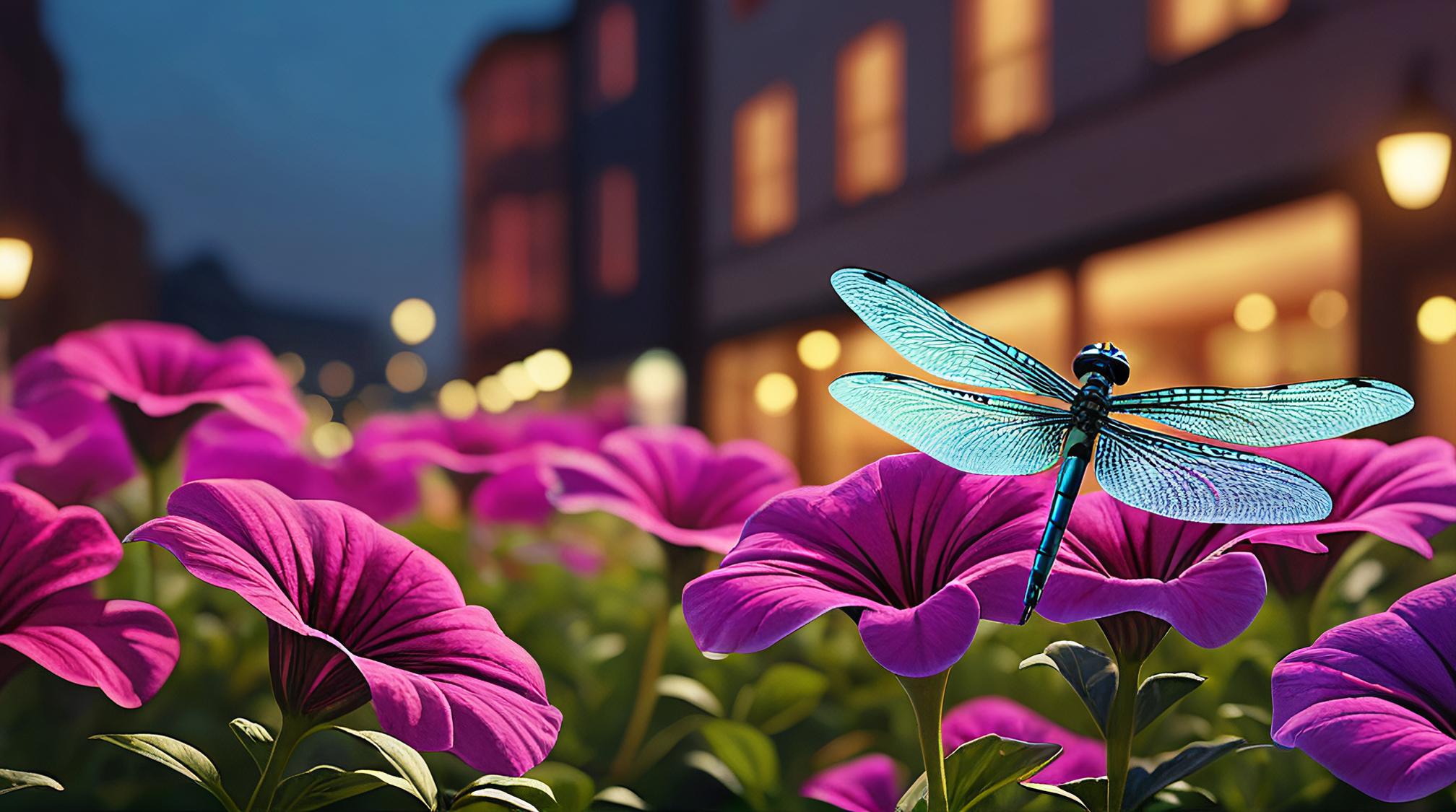 by Emma Geary, octane render, cityscape with Petunia, Dragonfly