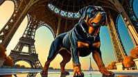 stylized by Heinrich Kley , octane render, Angel Gritty Rottweiler, inside a Sprawling Eiffel Tower