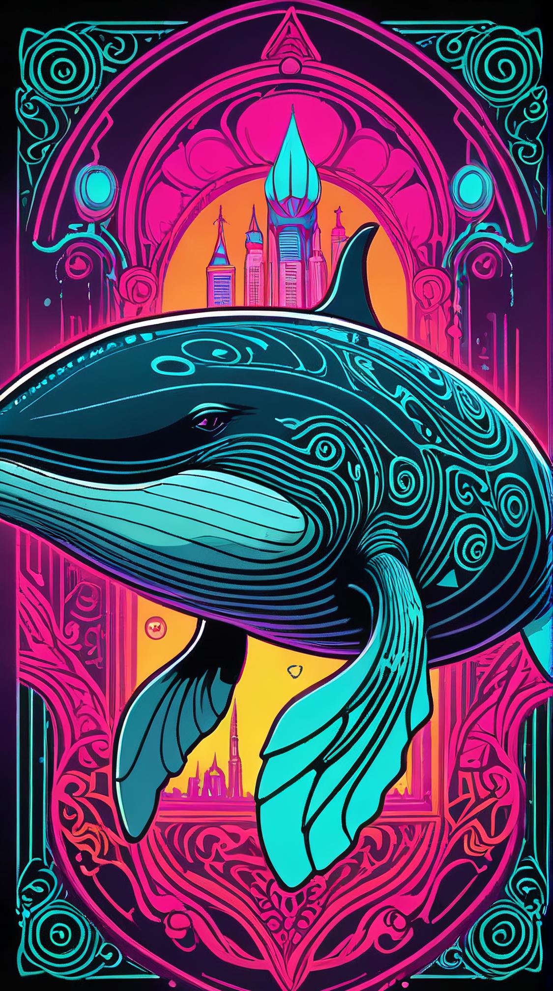 art by Jamie McKelvie, Drawing, rear angle of a Cyberpunk Humpback Whale with Damask print, Post Punk