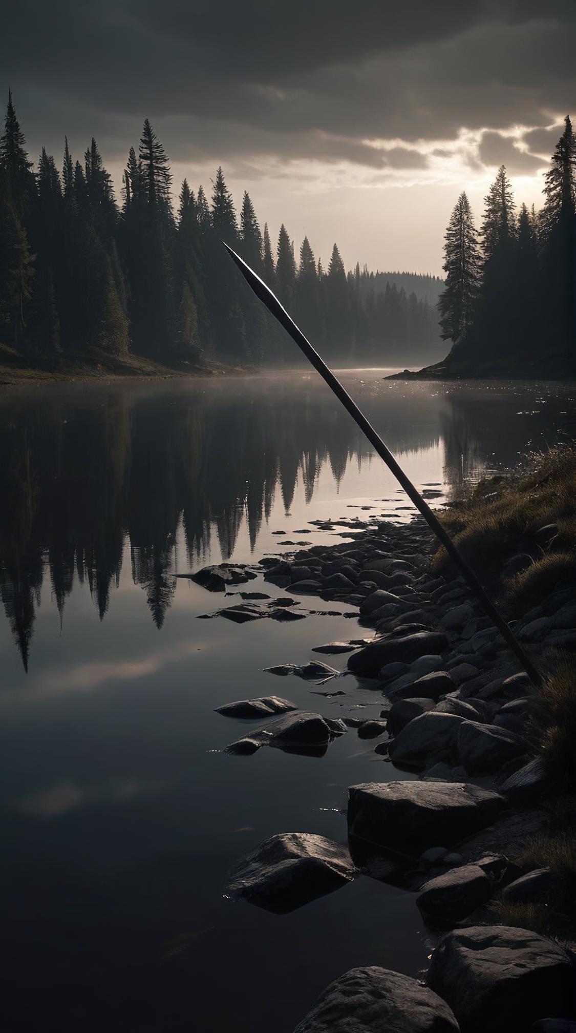 epic astonishing gloomy art made mainly of shadows and lighting, forming, wide angle of a Lance , the Lance is Striped