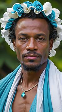 Macho Haitian Nasir , wearing White and Sky Blue garb, his Teal and Berry garb is ruffled, Patches
