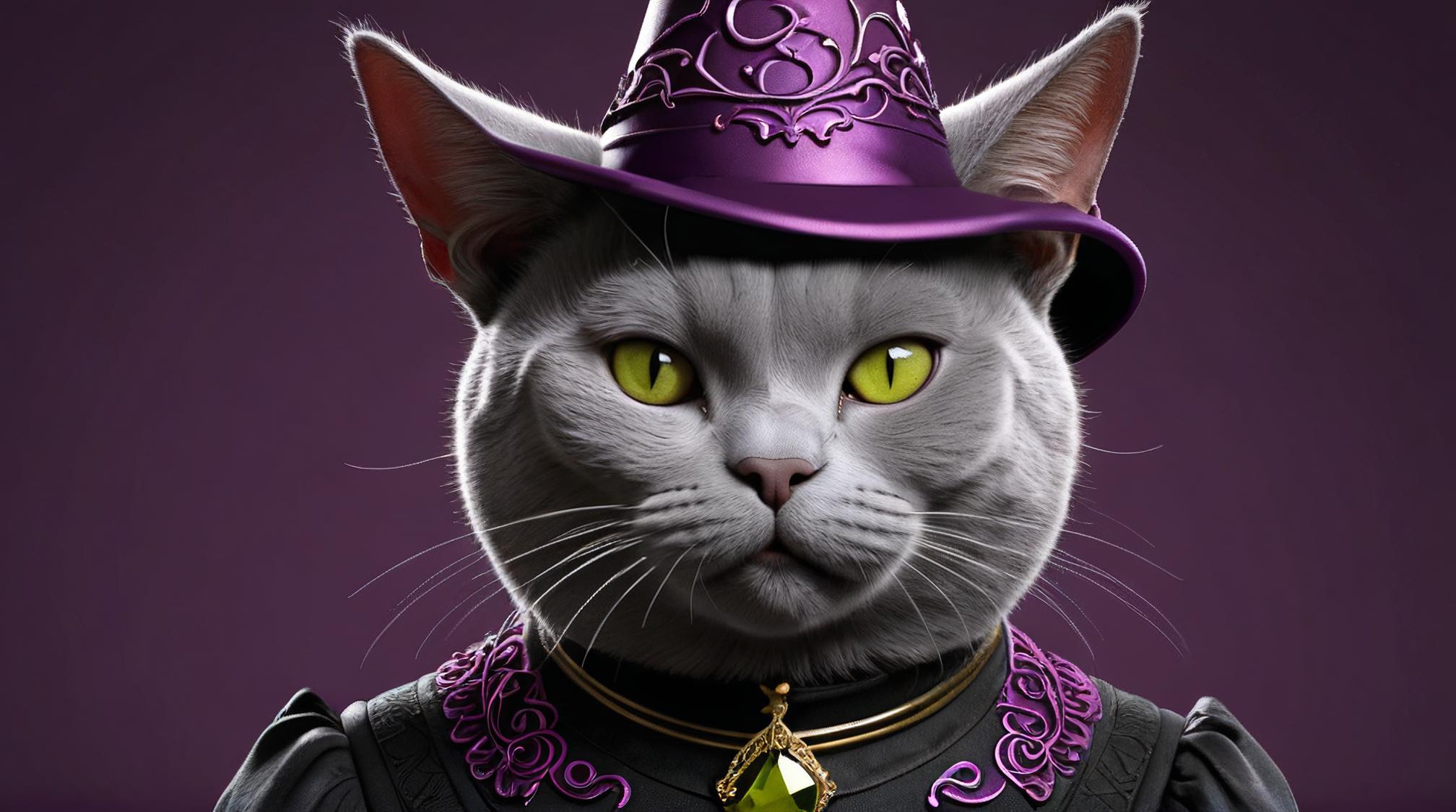 octane render, Obscene Realistic stocky Gaelic Chartreux Cat Witch , it is dressed in Health Goth Art fashion style Fez, Mauve Mask made out of Obsidian
