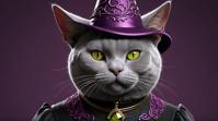 octane render, Obscene Realistic stocky Gaelic Chartreux Cat Witch , it is dressed in Health Goth Art fashion style Fez, Mauve Mask made out of Obsidian