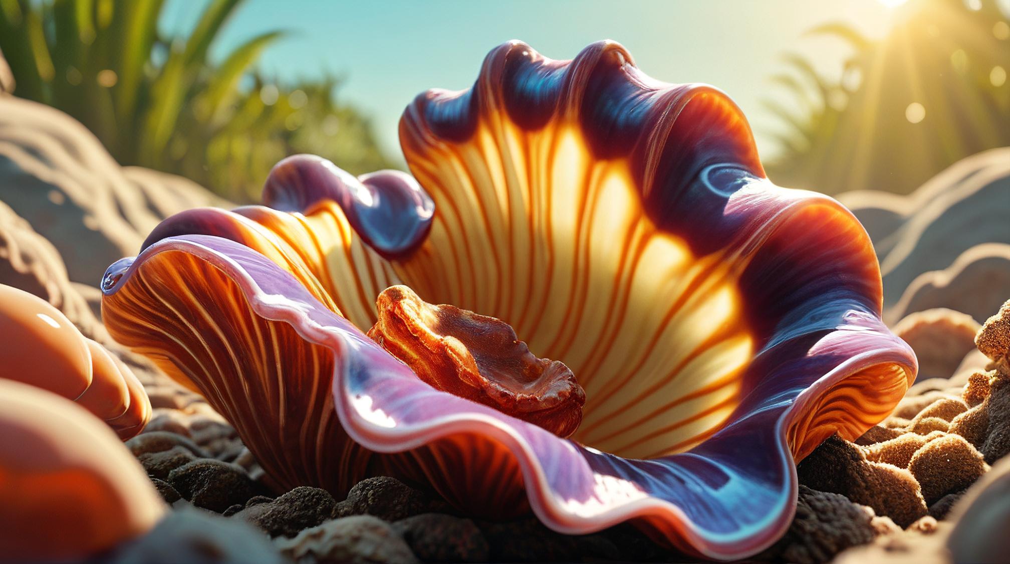 stylized by Mike Judge and Stephen Youll , octane render, Spellbinding Giant Clam, inside a Saturated Worried Polder