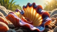 stylized by Mike Judge and Stephen Youll , octane render, Spellbinding Giant Clam, inside a Saturated Worried Polder