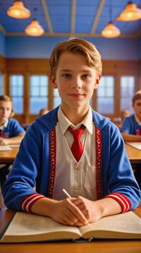 Dull Canadian Male Templar of Paradise, Award Winning Classroom in background, at Twilight, shallow depth of field