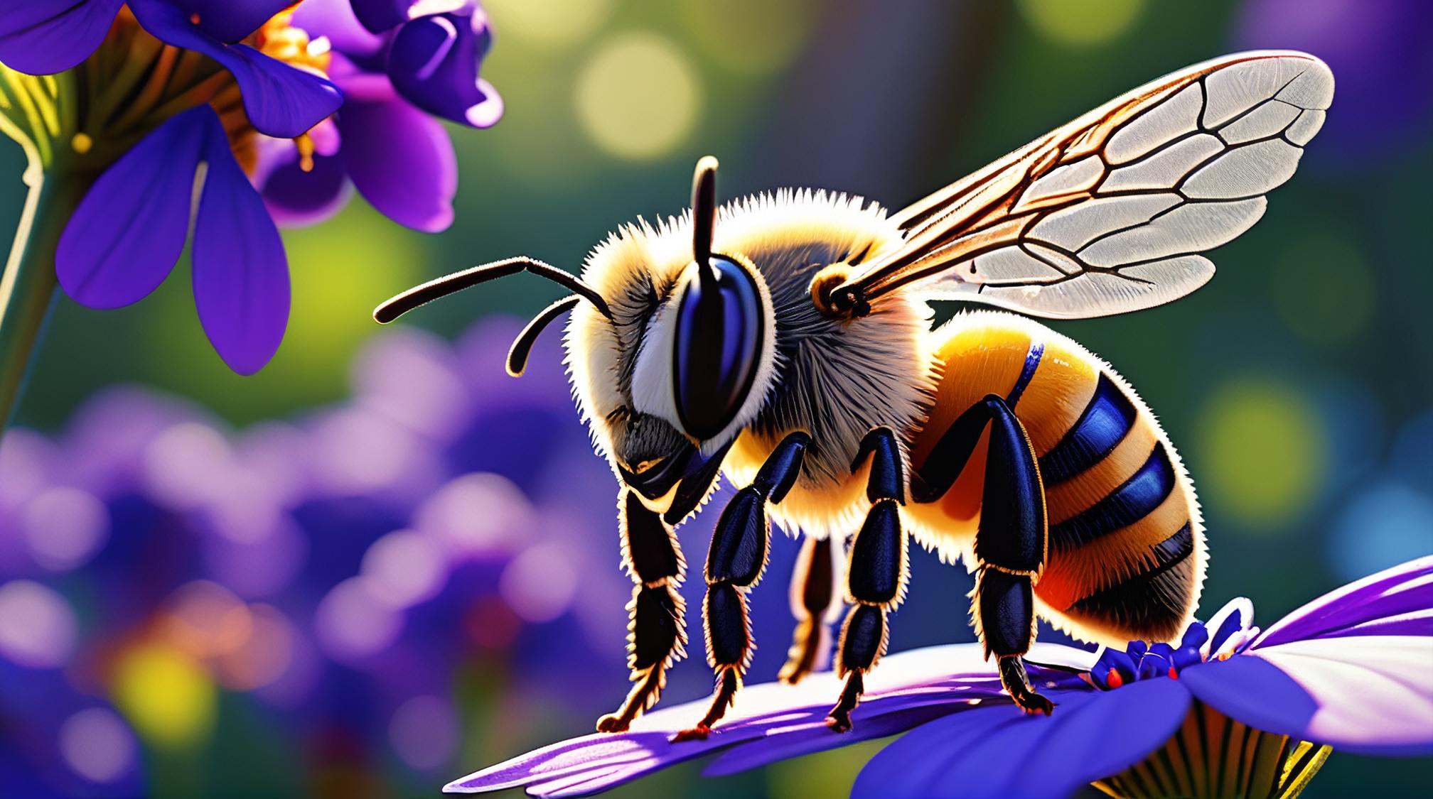 octane render, Injured White and Navy Blue Honey Bee , trees, art by Pixar