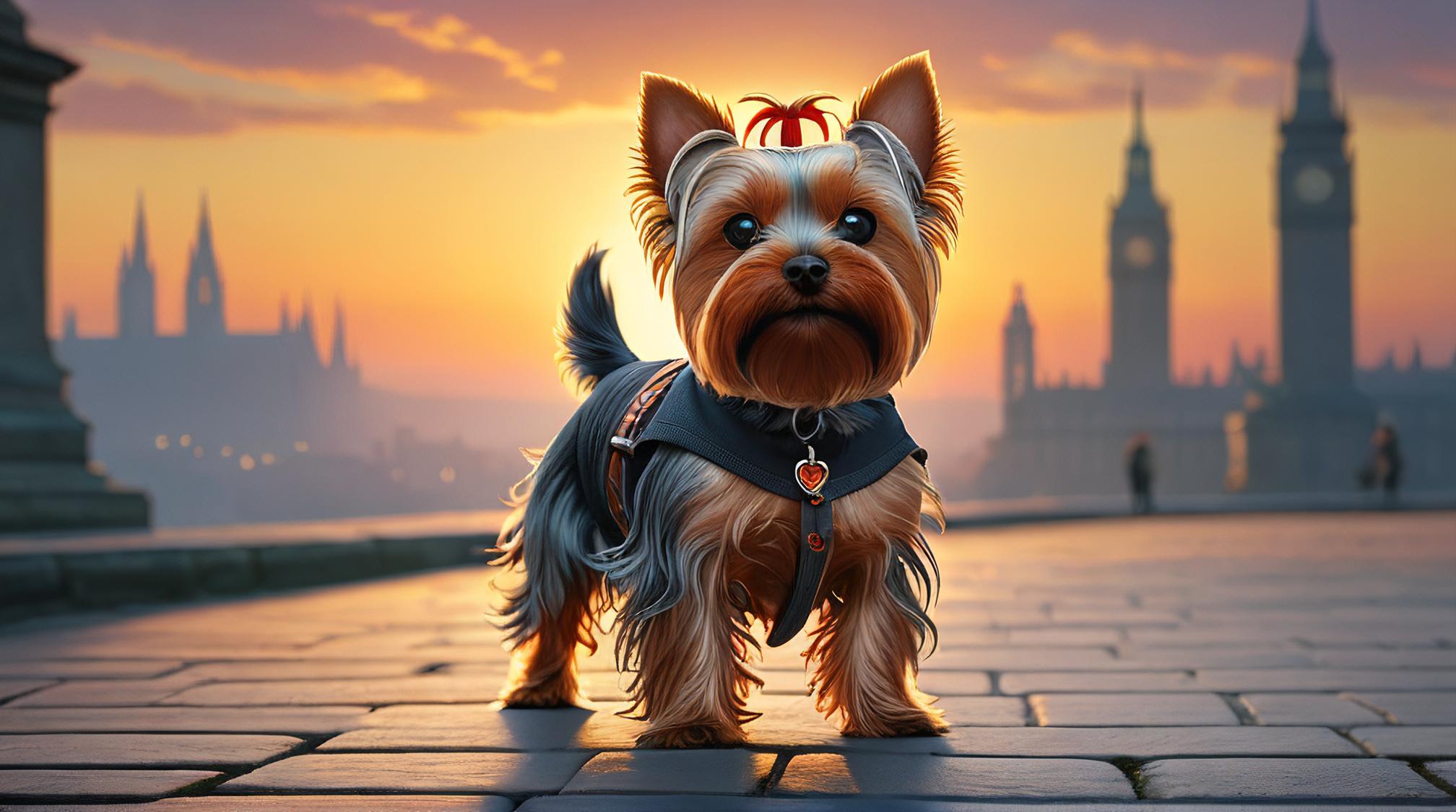 by W Heath Robinson, octane render, best quality, Energizing Yorkshire Terrier wearing a Glowing Chestnut Eyes