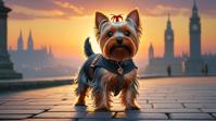 by W Heath Robinson, octane render, best quality, Energizing Yorkshire Terrier wearing a Glowing Chestnut Eyes