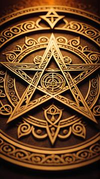fantasy Raw digital photo, Calming Byzantine Cosplayer Pentagram , detailed with Amber patterns, shallow depth of field
