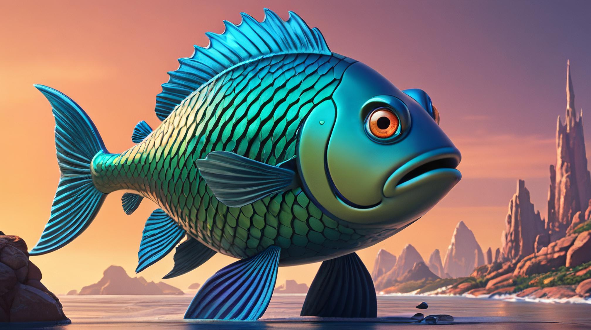 designed by Walt Disney , octane render, Northern were Fish , the person is Lapidary plated