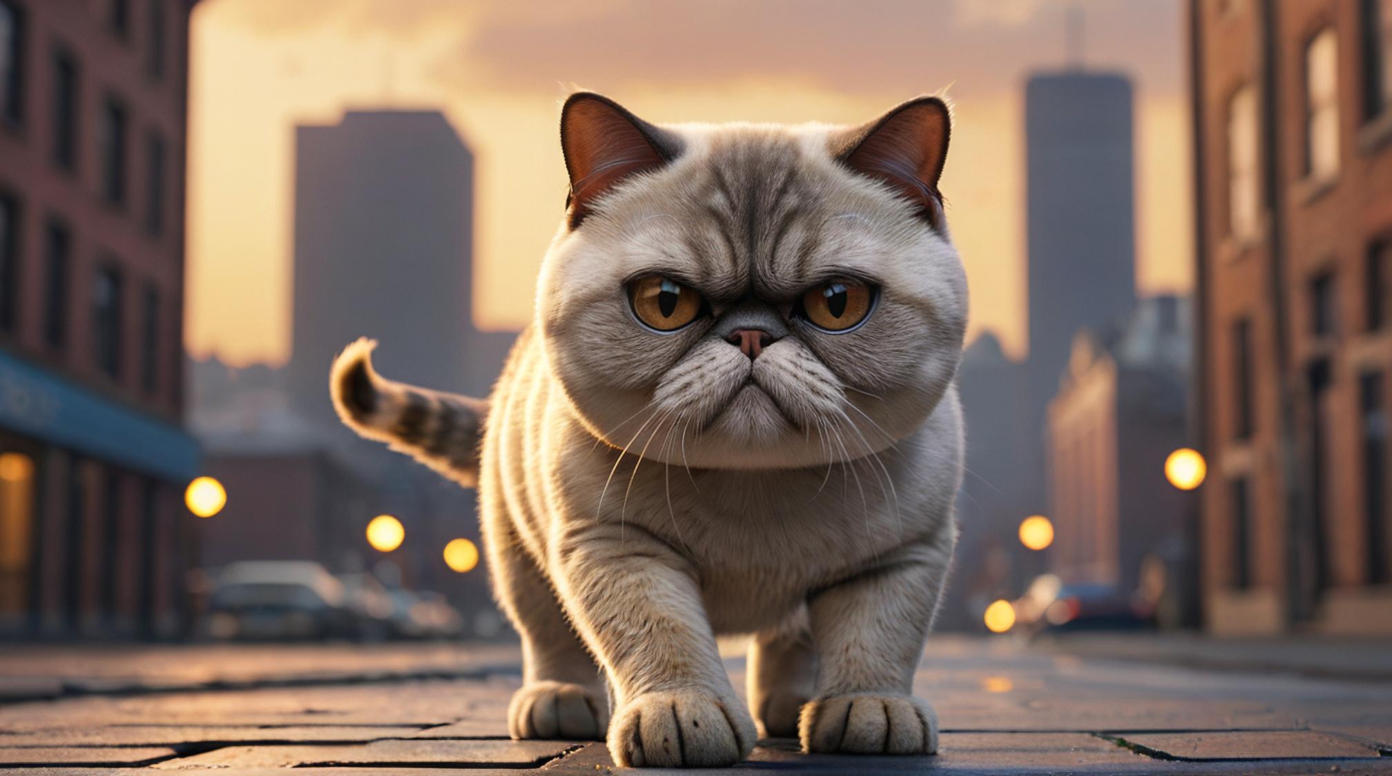 octane render, knee level shot of a Exotic Shorthair Cat , it is Energetic and Lovely, cityscape