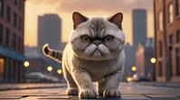 octane render, knee level shot of a Exotic Shorthair Cat , it is Energetic and Lovely, cityscape