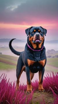 Water color painting, Fantastical Vibrant Rottweiler, The Barrow Downs in background, Foggy conditions