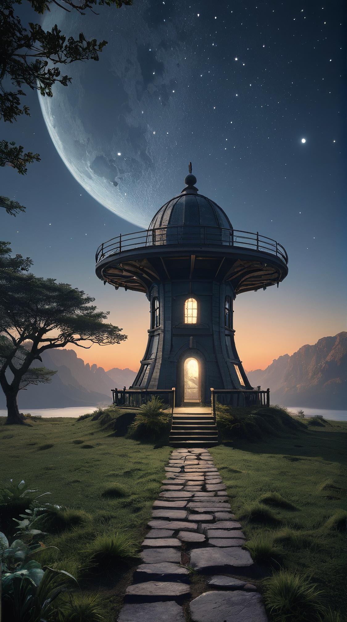landscape of a Timeless Tranquil Space Patrol Station, at Dawn, Demoscene, Moonlit