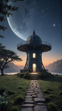 landscape of a Timeless Tranquil Space Patrol Station, at Dawn, Demoscene, Moonlit