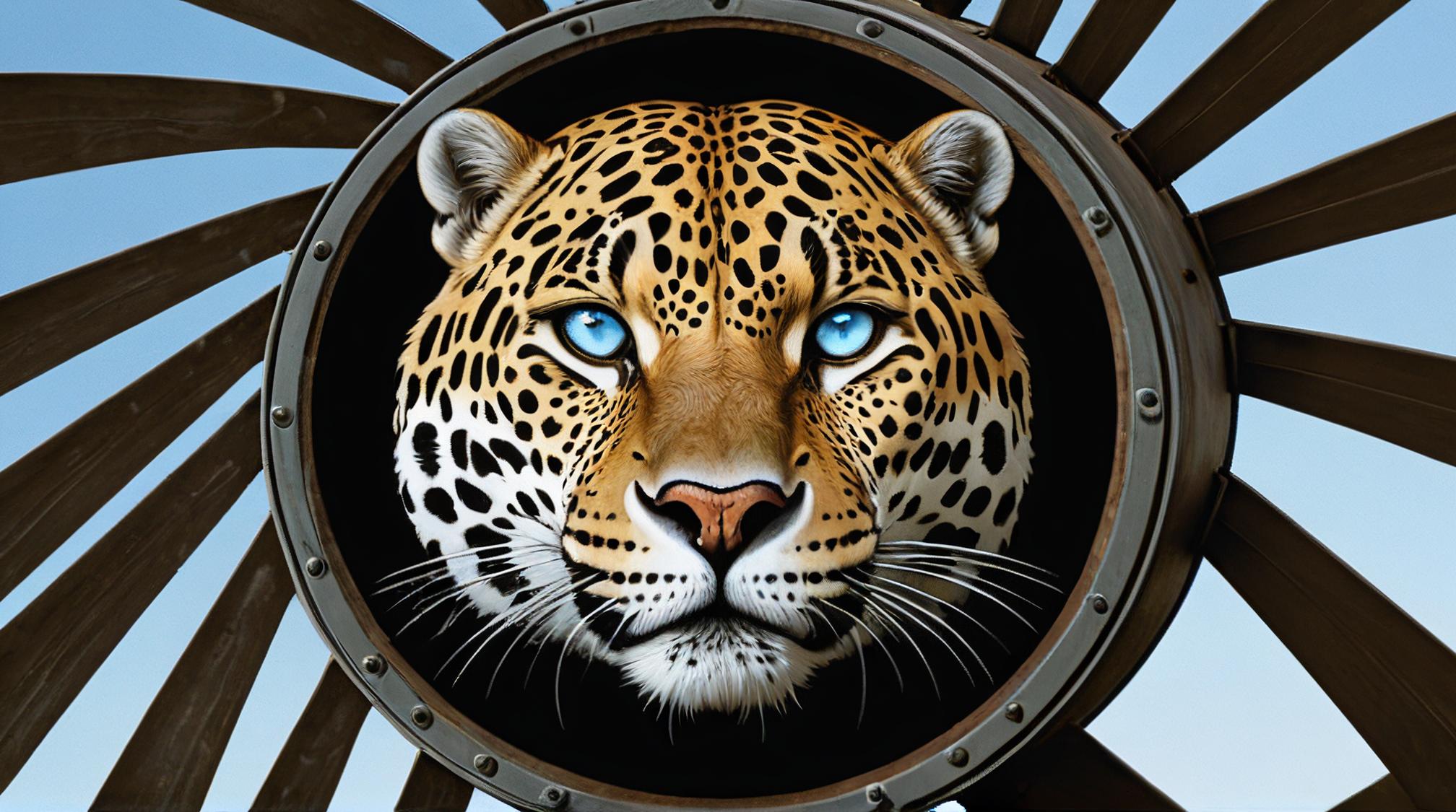 photograph, Elder Homeric Jaguar Spinner, the Jaguar is dressed in Peacoat, Glowing Ice Blue Eyes