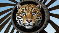 photograph, Elder Homeric Jaguar Spinner, the Jaguar is dressed in Peacoat, Glowing Ice Blue Eyes