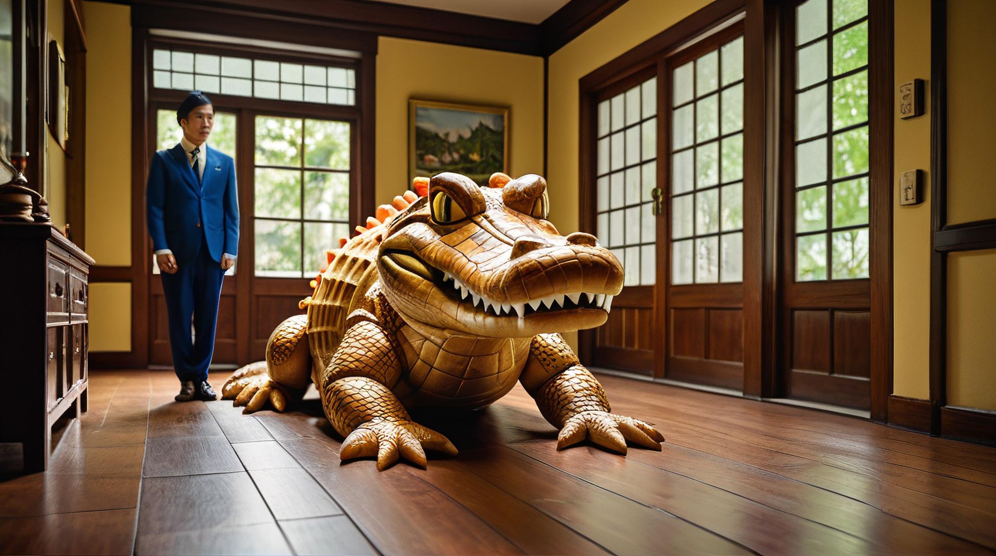 photograph, Full length frame of a Alligator looking like a gingerbread man, lush indoors, nuanced characters and emotional narratives