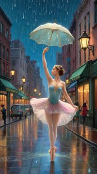 designed by Warwick Goble and Patricia Polacco, Concept art, spring street and Cancer constellation in background, Cherubic Beautiful The dance of raindrops