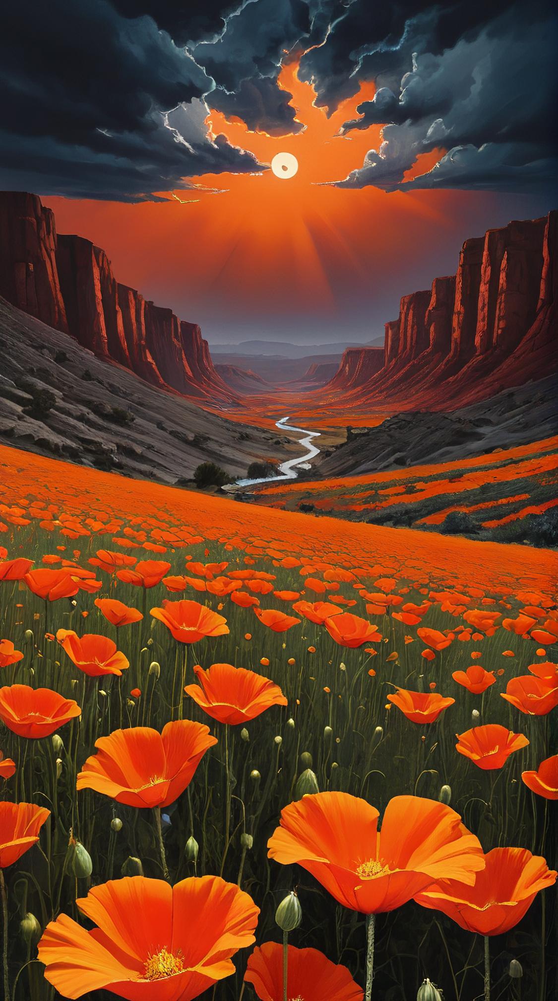 Painting, landscape of a Pure Epic electric orange Cosmo Canyon from inside of a Poppy field, Stormy weather, Light