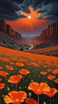 Painting, landscape of a Pure Epic electric orange Cosmo Canyon from inside of a Poppy field, Stormy weather, Light