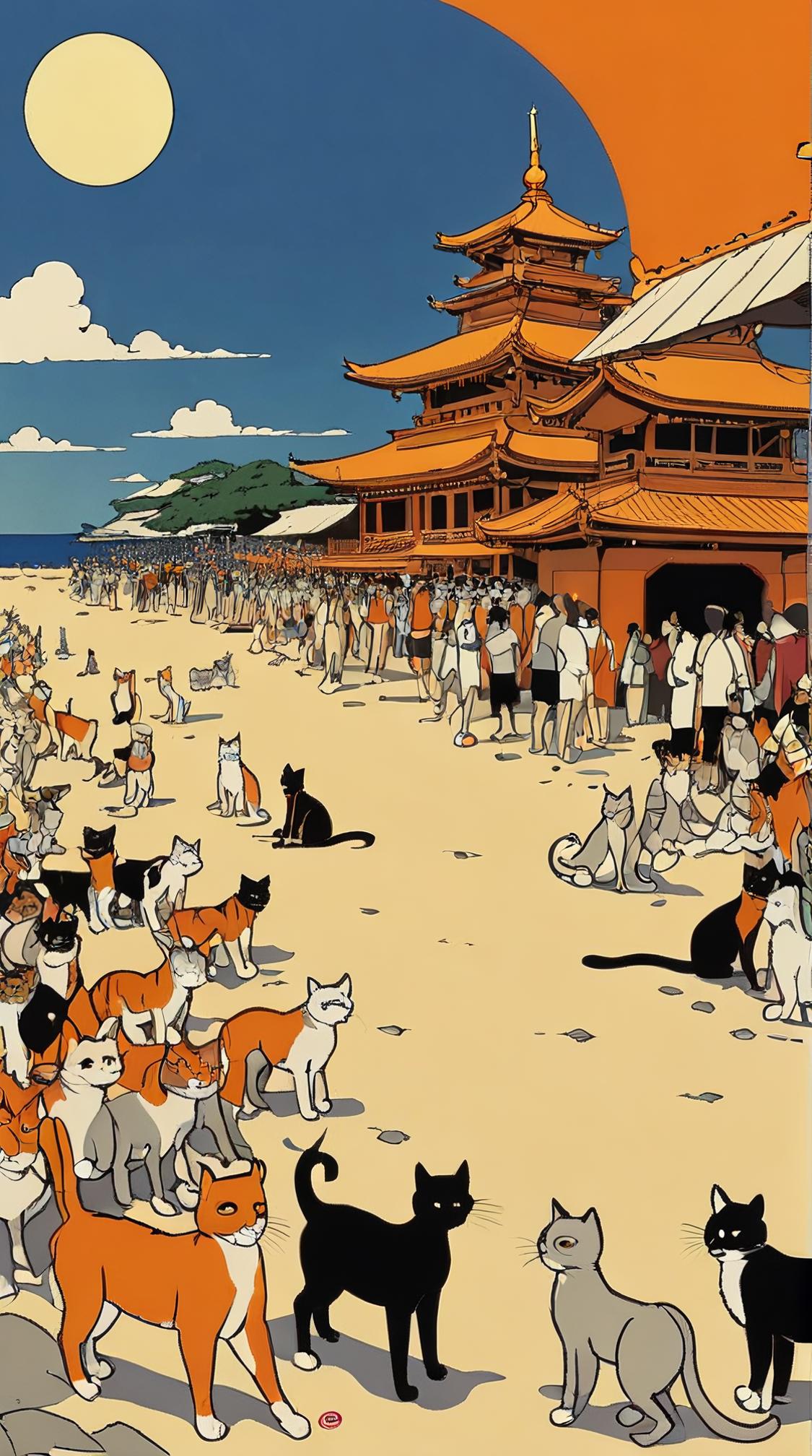 by Toshio Saeki , surrealism art, Painting, Feline Ordered The Sanctuary in the Sky
