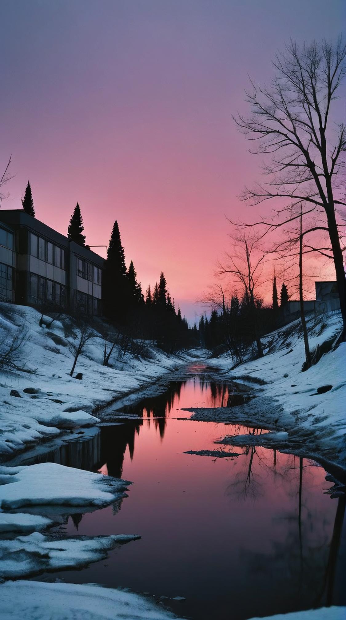 Raw digital photo, landscape of a Atmospheric Permafrost , dark pastel city and trees, at Dawn