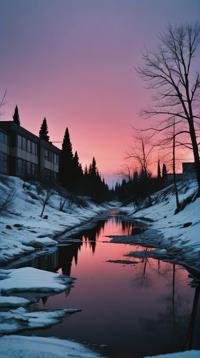 Raw digital photo, landscape of a Atmospheric Permafrost , dark pastel city and trees, at Dawn