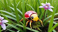 art by Abram Efimovich Arkhipov, photograph, Kawaii anime, overhead angle of a Robotic slim Orchid Beetle imagined as a Grass pokemon