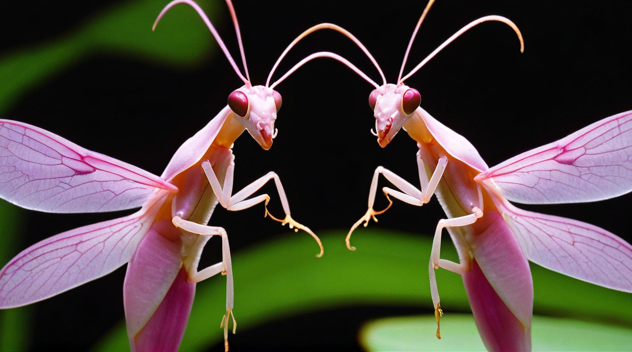 photograph, Two headed Drab Pink Orchid Mantis, Sharp and in focus, Anime screencap