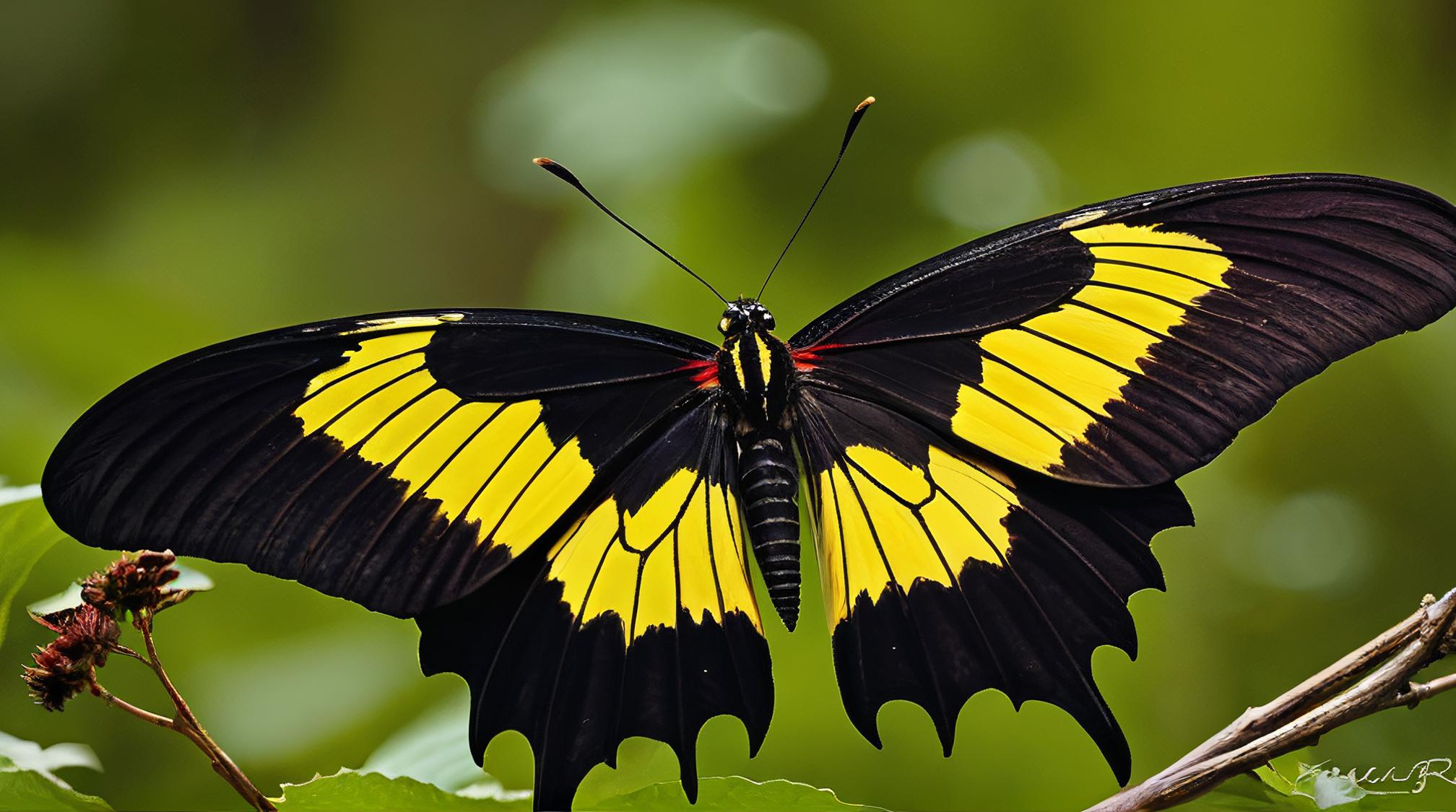 photograph, Striped Rajah Brooke s Birdwing Plum o saurus , background is Exhausted vegetation, Very wide view
