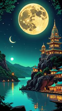 stylized by Cristina McAllister and Hale Woodruff , Digital art, landscape of a Light Luminescent Haridwar and Bioluminescent bay, Moon in the night