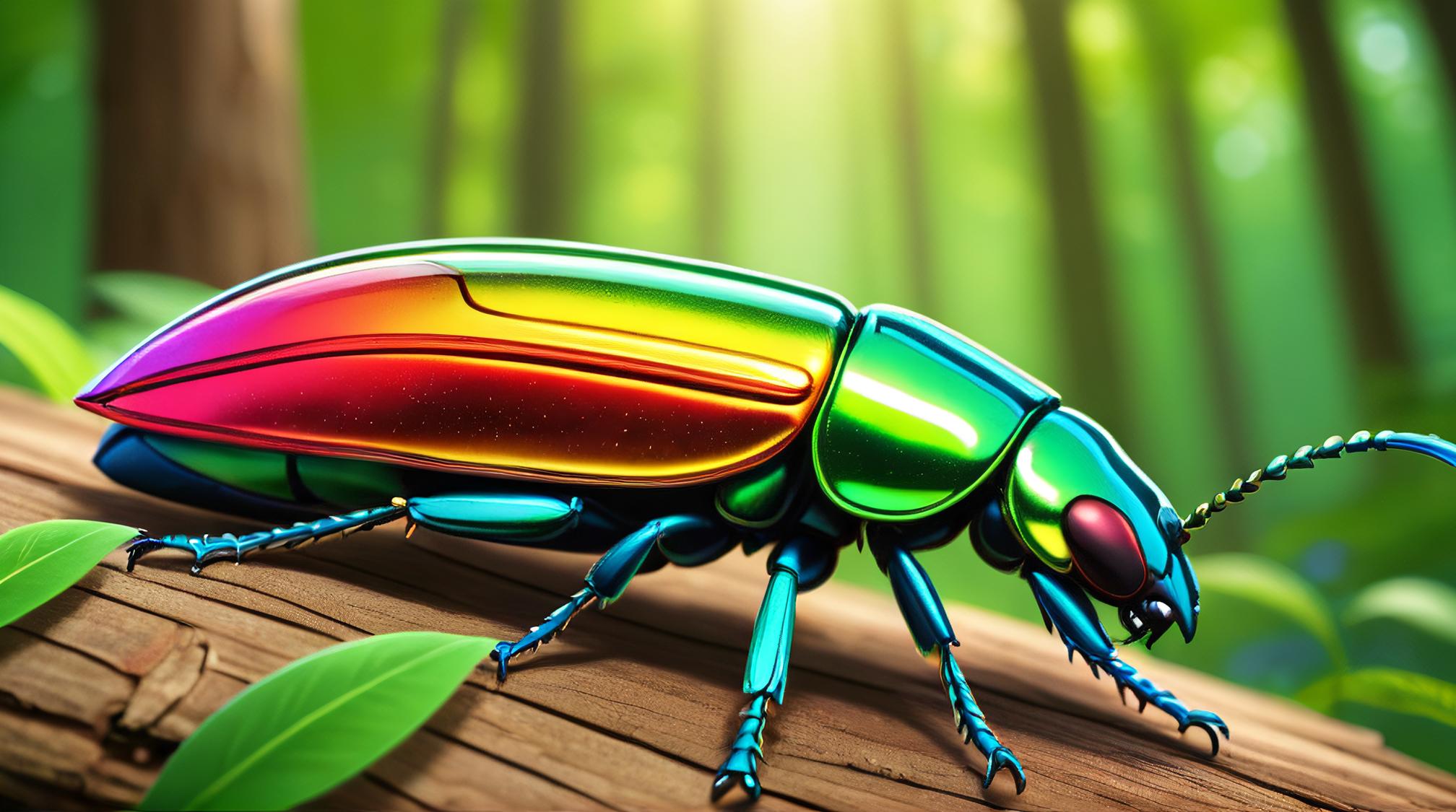 stylized by Tooth Wu , photograph, woods, angle from above of a Vibrant Jewel Beetle